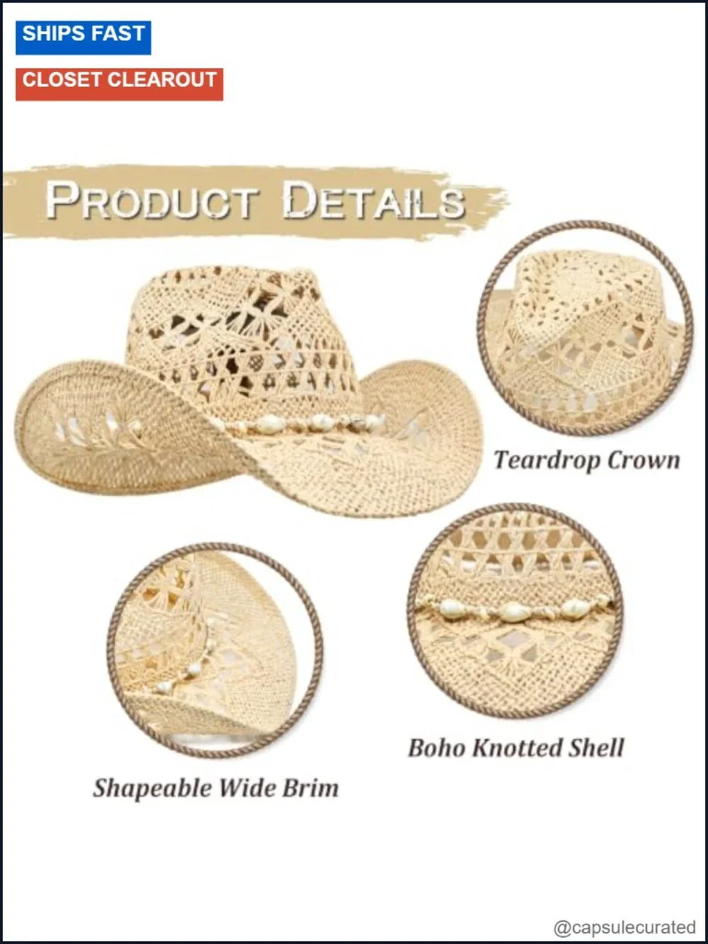 Straw Teardrop Cowboy Hat with Western Hatband